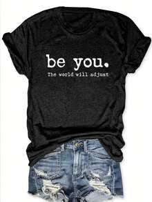 Short-Sleeve T-Shirt With Letter Print - Black - View 1