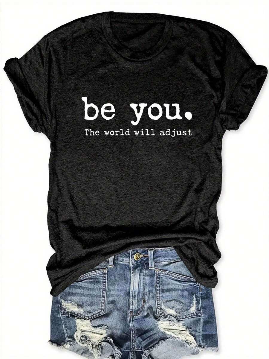 Short-Sleeve T-Shirt With Letter Print - Black - View 1