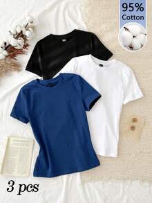 Set Of 3 Slim-Fit Long-Sleeved T-Shirts With Round Neck, 95% Cotton, Minimalist And Casual Style For Women - 多色 13 - 查看 1