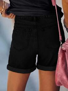 Minimalist Casual Street Style Wide Leg Loose Fit Women's Denim Shorts Hot Pants - Black - View 2