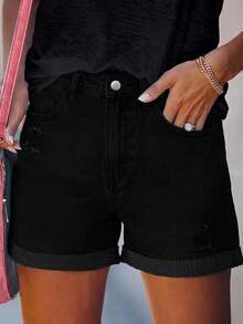 Minimalist Casual Street Style Wide Leg Loose Fit Women's Denim Shorts Hot Pants - Black - View 8