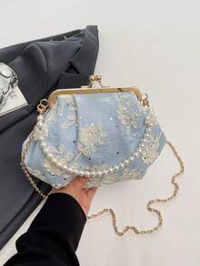 Women's PU Leather Crossbody Bag With Round Polka Dots, Vintage Style Handbag With Buckle Closure And Adjustable Shoulder Strap, Solid Color And Lightweight City Tote Bag - 藍色 - 查看 9