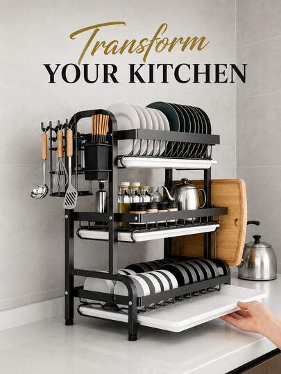 Dish Drying Rack, Large Capacity Dish Drainer Rack With Drainboard, Utensil Holder & Cutting Board Holder, Rustproof Kitchen Counter Organizer For Plates Bowls Cup, Home Decor, Holiday Gifts, Pantry Organizer, Spicerack, Drawer Organizer