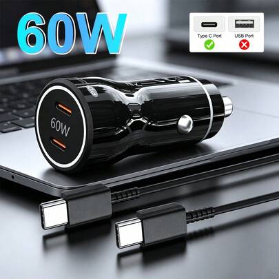 60W USB C Car Charger – Dual Port PD 30W + 30W Fast Charging Adapter, Ultra-Compact Durable USB C Car Charger, Includes USB C Data Cable, Compatible With IPhone// And More Devices – Black