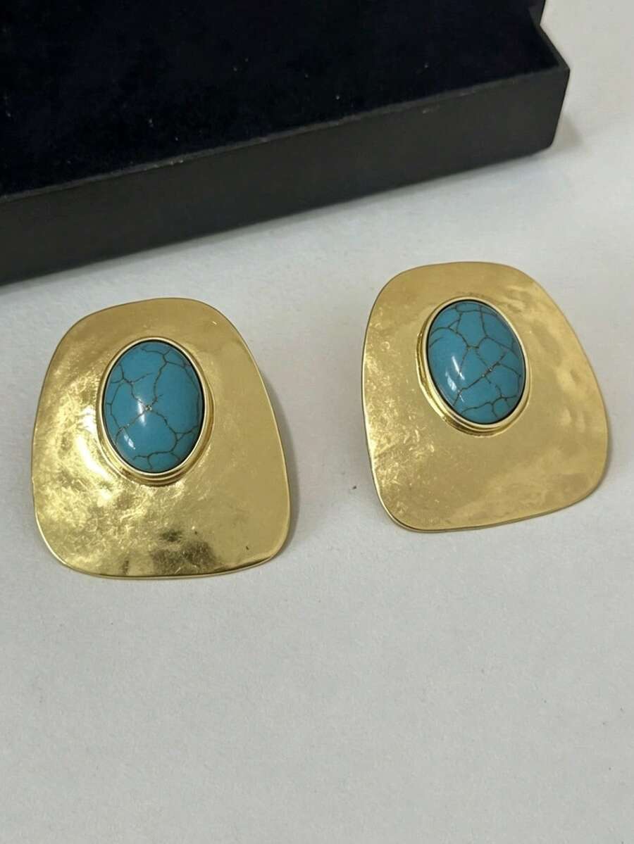1對復古錘紋方型粗獷幾何耳環,歐式風格女款飾品,適合派對、旅行、度假與日常配戴 - 綠松石色 - 查看 1