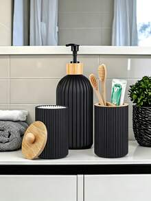 3 piezas/1 set Accesorios de baño Set de dispensador de loción/jabón con bomba manual recargable en negro mate Soporte para cepillo de dientes Caja de almacenamiento para cepillo de dientes y pasta de dientes Adecuado para baño oficina cocina fregadero viaje temporada de vuelta al colegio - Multicolor - Ver 2