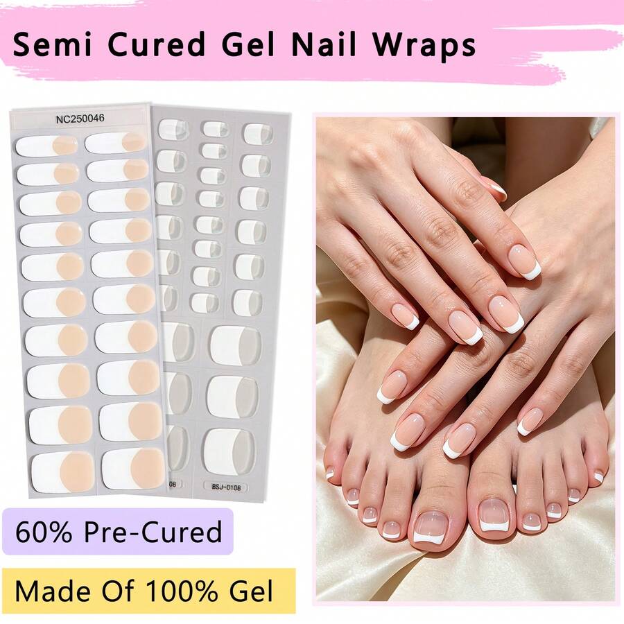 Showyboo Semi-Cured Gel Nail Wraps, Nude French Tip Manicure Strips For Hands & Feet Set, Minimalist Clean Girl Style, Ideal Summer Gift For Women Vacation, Daily, Office Manicure