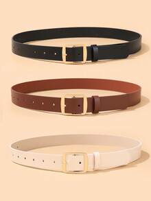 1pc/3pcs Gold Square Buckle PU Belt - Black - View 6