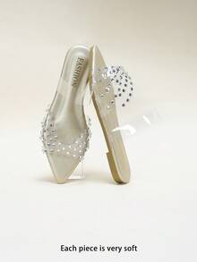 Rhinestone-Embellished Clear Strap Pointed Toe Flat Slide Sandals - Gold - View 5