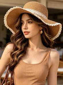 1pc Women's Straw Hat, Bohemian Polyester Fiber Fashion Outdoor New Style, Wide Brim Personalized Sun Protection Breathable Straw Hat, Suitable For Daily Outdoor Use - MZ923 - View 6