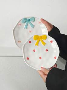 1/2/4pcs Embossed Cute Bow Ceramic Plates, Korean Style Minimalist Ceramic Plates, Afternoon Tea Dessert Plates, Coffee Cup Trays, Breakfast Plates, Casual Snack Plates, Cake Plates, Candy Plates, Gift Tableware, Plates, Suitable For Various Scenes Office, Restaurant - Multicolor - View 12