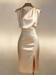 Vestido ajustado sin mangas de satén color champán con cintura definida y efecto adelgazante - Champán - Ver 1
