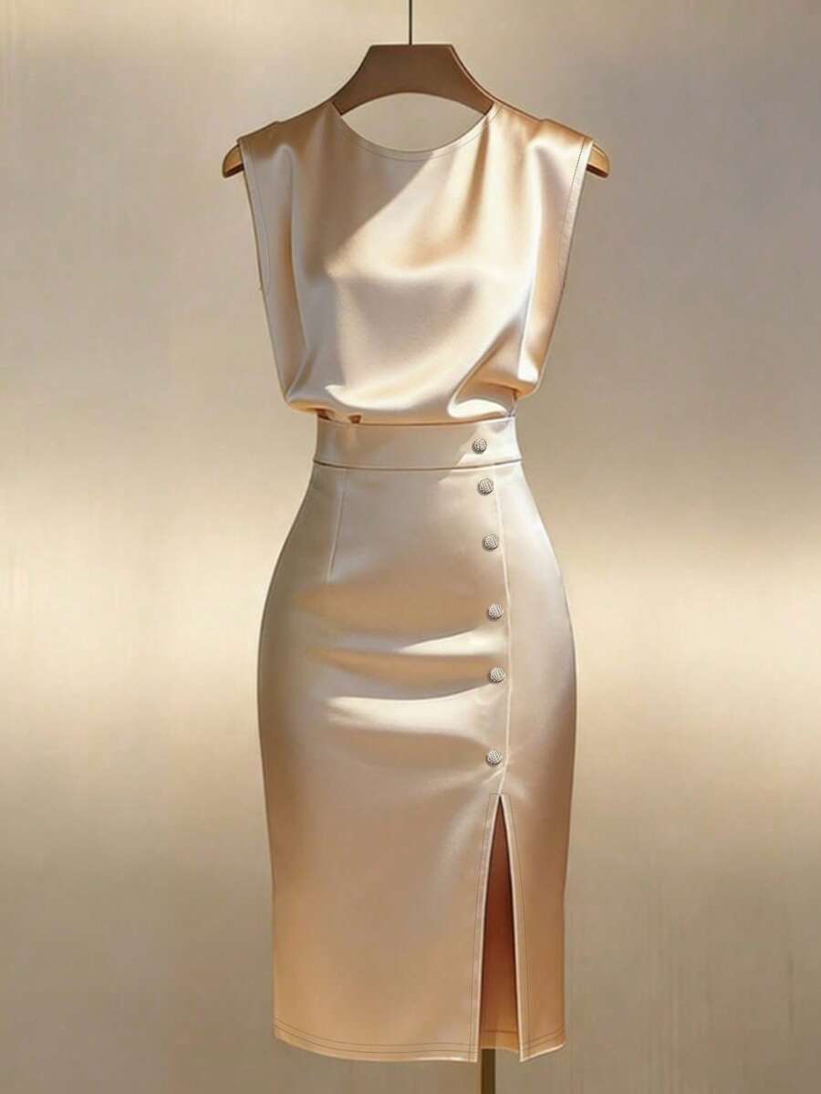 Vestido ajustado sin mangas de satén color champán con cintura definida y efecto adelgazante - Champán - Ver 1