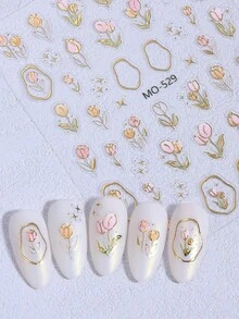 2pcs 5D Embossed Gold Foil Tulip Nail Stickers, Spring/Summer Floral Pattern Nail Art Decals, Pink Tulip Leaf Design Nail Decorations, Self-Adhesive Nail Accessories For Women & Girls - Multicolor - View 2