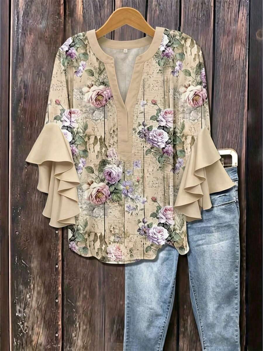 Blusa de mujer talla grande con cuello de muesca, volantes y estampado floral, mangas 3/4 en capas, para vacaciones - Caqui - Ver 1