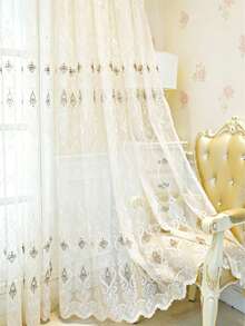 1 Panel European Style Embroidered Sheer Curtain, Silver White Grommet Top, Lace Wavy Hem, Mesh Fabric Mosquito Protection, Suitable For Summer Curtains, Living Room Curtains, Bedroom Curtains, Room Curtains, Multi-Room Decor Curtains - Beige - View 1