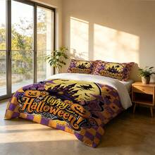 3-Piece Halloween Bedding Set (1 Duvet Cover + 2 Pillowcases), Featuring Halloween-Themed Design. Bedding Is Soft And Comfortable, Made With High-Definition Digital Printing Technology. Patterns Include Castles And Pumpkin Designs. No Fillers Included. Perfect For Bedroom, Dorm (Unisex) And Travel Use. - 4129+SJT+W - View 6