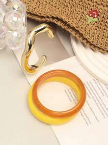 3pcs Yellow Round Minimalist Bangle Set, Versatile Fashion Wrist Accessory, Suitable For Women's Daily, Holiday And Casual Wear - Yellow - View 5