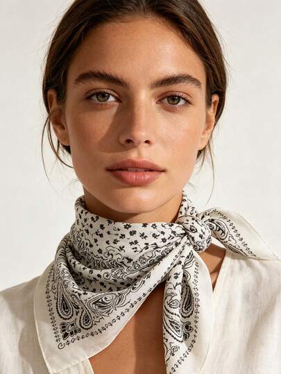 1pc 68*68cm Black & White Paisley Print Cotton Linen Scarf, Thin Multi-Use Scarf For Neck/Shawl/Waist, All Seasons Daily Party