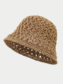 1PC Hollow Crochet Straw Bucket Hat, Breathable Knitted Sun Hat, Lightweight Beach Travel Bucket Hat For Summer Vacation Seaside Tripoots - Dark Khaki - View 2