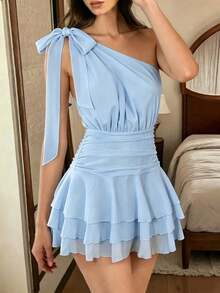 PariChic Vestido elegante y romántico de mujer con un hombro y lazo, cintura ajustada, vestido con volantes plisados en albaricoque y blanco, vestido corto, nuevo vestido de primavera/ - Azul - Ver 1