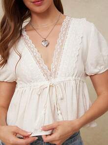 Top de verano bohemio estilo country-western con cuello en V profundo, lazo, flecos frontales, mangas cortas abombadas y volantes, confeccio - Albaricoque - Ver 3