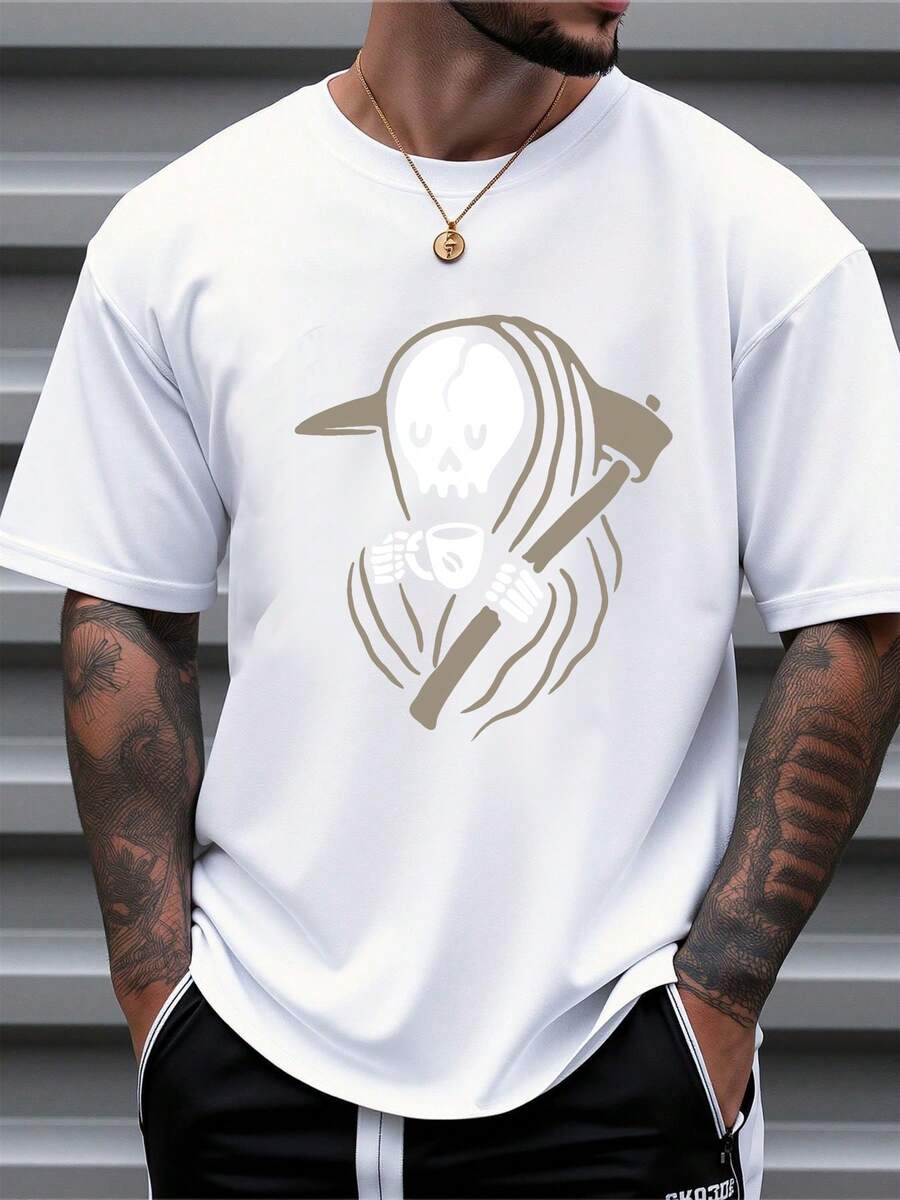 Herren T-Shirt aus reiner Baumwolle mit kurzen Ärmeln, lässig, Oversized, mit Totenkopf- und Sense-Grafikdruck, für den täglichen Gebrauch - Weiss - View 1
