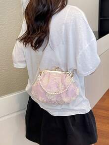 Women's PU Leather Crossbody Bag With Round Polka Dots, Vintage Style Handbag With Buckle Closure And Adjustable Shoulder Strap, Solid Color And Lightweight City Tote Bag - 粉色 - 查看 6