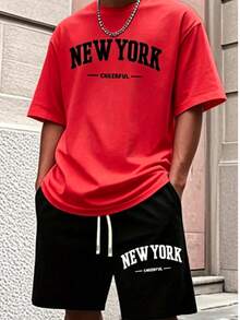 Men'S New York Casual Short Sleeve Black With White Lettering Casual Style| Comfortable Fit, PLUS SIZE  Men's Casual Outfit, Cotton Sportswear Set - 紅色 - 查看 1