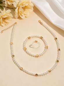 3 piezas/Set Collar de perlas falsas con corazón dulce para niños, conjunto de joyas, adecuado para el uso diario de niñas, regalo - Unitalla - Ver 3