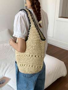 Tas Anyaman Jerami Ringan Bergaya, Desain Minimalis, Tas Pantai Multifungsi untuk Liburan, Kapasitas Besar Cocok untuk Perjalanan dan Liburan - Krem - View 4