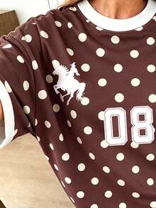 Minimalist Pony Sports T-Shirt, Women's Casual Polka Dot Pattern Loose T-Shirt, Suitable For Outdoor Wear, Street Style, Y2K Clothing, Spring Autumn Summer - Multicolor - View 5