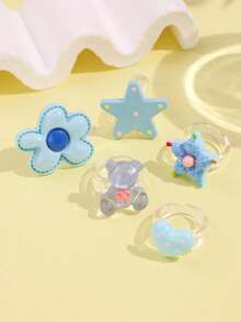 Set 5 buah cincin resin motif bunga biru, beruang, bintang, dan hati yang lucu, modis, elegan, dan unik, cocok untuk pemakaian sehari-hari dan pesta liburan. - MultiWarna - View 5