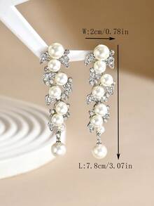 1 Pair Luxury Faux Pearl & Rhinestone Large Drop Earrings For Women, Suitable For Wedding, Banquet, Anniversary - Silver - View 5