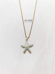 1pc Natural Style Stainless Steel Gold-Plated Blue & Pink Starfish Pendant Necklace, Unisex, Suitable For Daily Wear, Beach Vacation, Holiday, Niche Luxury, Simple & Versatile - Multicolor - View 5