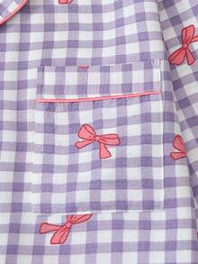 2pcs Women's Pajama Set, Simple Plaid Bow Print Long Sleeve Lapel Top And Pants Casual Sleepwear Loungewear Set - Purple - View 4