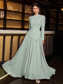 Elegant And Charming Women's Long Sleeve Formal Dress, Featuring Pleated Bust Detail, Shoulder Applique, Asymmetric 2 In 1 Design, And Flared Extra-Wide Skirt, Soft Fabric Suitable For Parties, Banquets, And Galas - Mint Green - View 8
