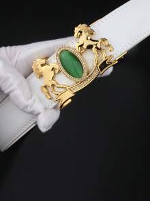 Women's & Men's White Automatic Belt, Gold Buckle, Royal Green And Rhinestone Details, Adjustable Luxury Casual And Business Belt, Solid Color Elegant PU (Polyurethane) Decorative Belt, All Seasons - White - View 3