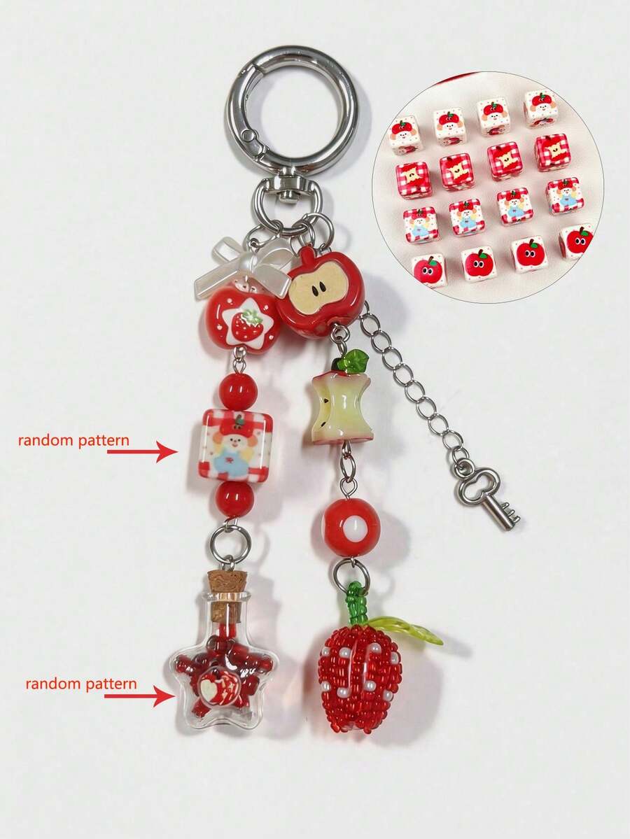 1pc Handmade Beaded Red Apple Wish Bottle Pendant, Cute Fruit Keychain, Versatile Unique Hanging Ornament, Random Pattern - Multicolor - View 1