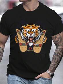 Men's Pure Cotton Oversized Short-Sleeve T-Shirt Casual Graphic Print Tiger Skateboard Palm Tree Tee - Black - View 1