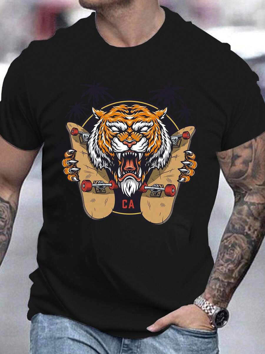 Men's Pure Cotton Oversized Short-Sleeve T-Shirt Casual Graphic Print Tiger Skateboard Palm Tree Tee - Black - View 1