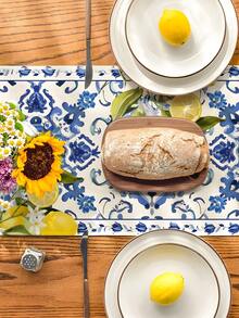 1pc Lemon Blue & White Porcelain Summer Table Runner, Spring Kitchen Dining Table Home Gathering Decor 13 X 48, 13 X 72 - View 5