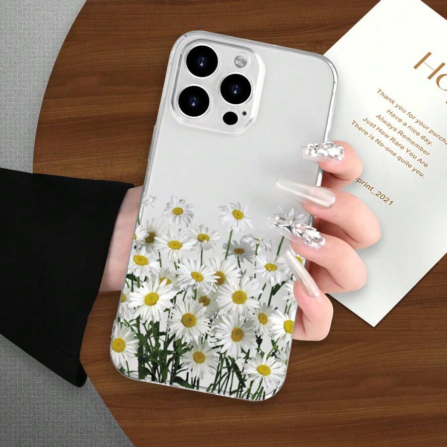 1 pieza Funda de teléfono transparente y suave con diseño simple y fresco de flor de margarita - Multicolor - Ver 1