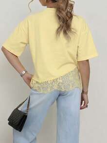 Spring New Solid Color Knit Fabric Lace Patchwork Short Sleeve T-Shirt, Casual, Sports, Office Wear For Spring/Summer - Yellow - View 3
