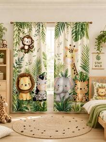 2 buah Tirai Motif Hewan Hutan Utama, Elemen Singa, Gajah, Harimau, Jerapah, Zebra, Model Kantong Batang, Cocok untuk Dekorasi Kamar Tidur dan Ruang Tamu, Tirai Dekoratif. - MultiWarna - View 12