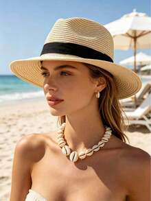 1pc Unisex Summer Sun Protection Straw Hat, Wide Brim Beach Sun Hat, Travel Beach Hat, Panama Round Top Hat - Multicolor - View 2