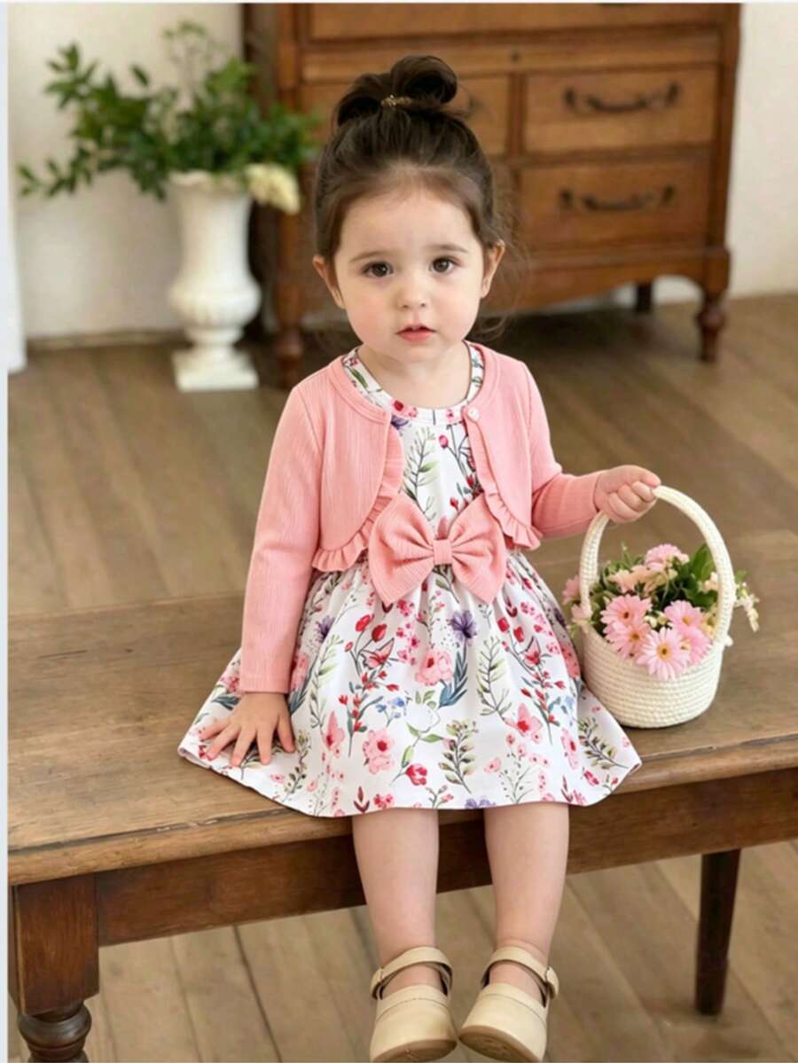 两件套秋季女童长袖荷叶边上衣和无袖圆领印花蝴蝶结连衣裙，休闲可爱，适合户外/假日穿着 - 彩色 - 查看 1