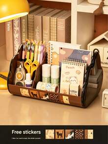 Multi-Compartment Desktop Organizer, Vintage Style Student Pen Holder Stationery Storage Rack, Makeup Divided Storage Basket, Large Capacity Office Desk & Dormitory Miscellaneous Storage Rack, Comes With Decorative Stickers School Supplies - Multicolor - View 1