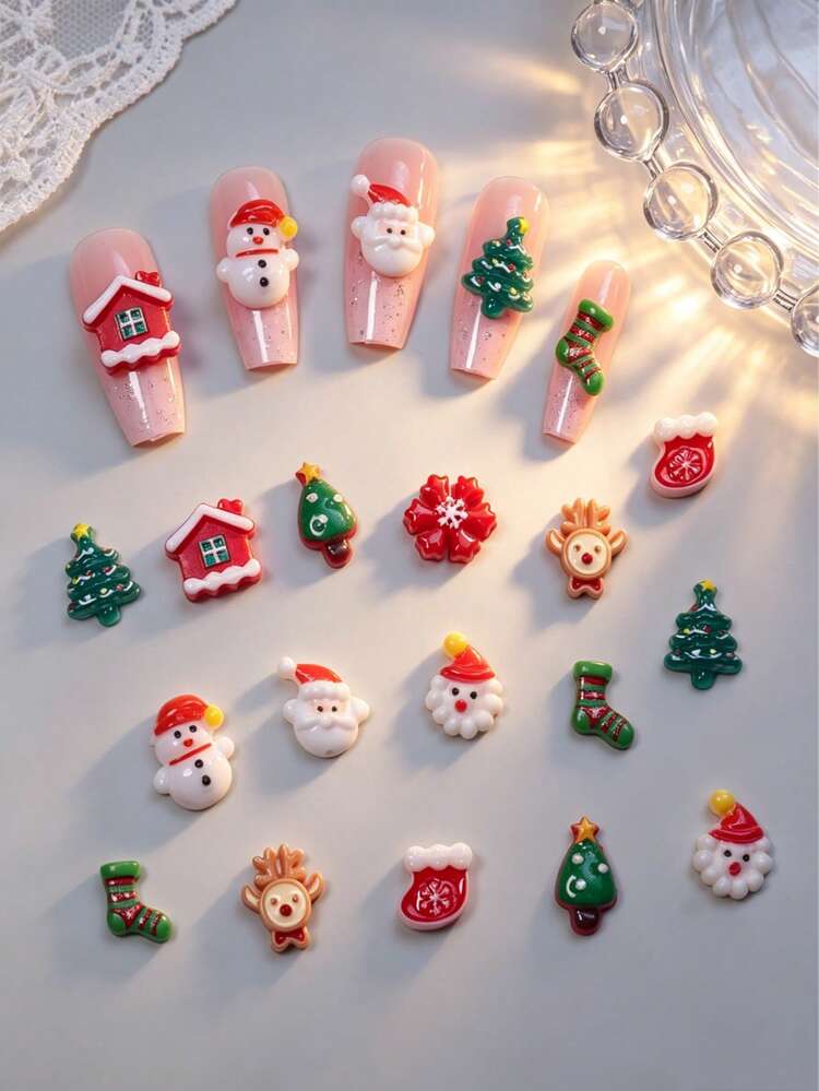 20-100件聖誕3D樹脂美甲飾品 聖誕老人 雪人 聖誕樹 麋鹿 美甲裝飾 - 彩色 - 查看 1