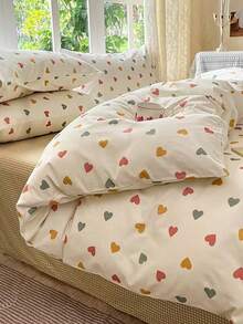 Juego de ropa de cama de 3 piezas con patrón de corazones de colores, 2 fundas de almohada + 1 juego de edredón (no incluye sábana y relleno) - Multicolor - Ver 7